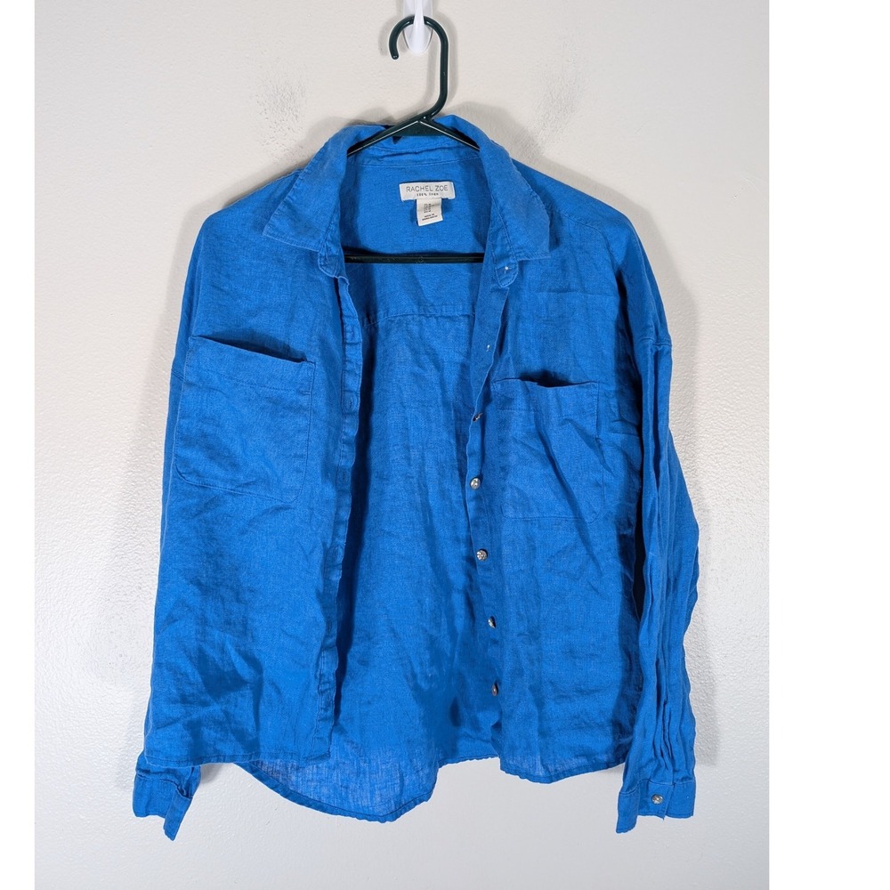 Rachel Zoe Women's M Cobalt Blue 100% Linen Button Shirt Long Sleeve Pocket Top